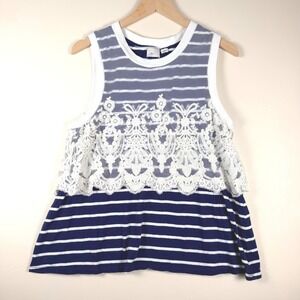 Anthropologie Postmark Navy White Striped Lace Mesh Tank Top XL Coastal Boho